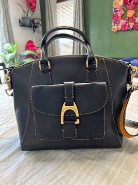 Dooney & Bourke Black Leather Naomi Satchel with Gold Accents